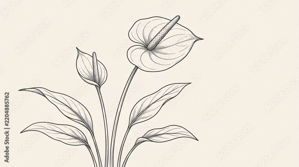 Obraz premium Minimalist Line Drawing of Peace Lily Flower with Leaves.