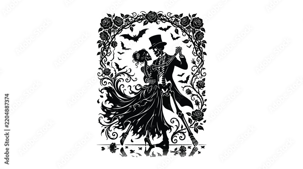 Fototapeta premium Elegant skeleton couple dancing together under floral archway during spooky halloween night celebration