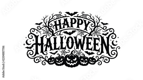 Happy halloween typography design featuring spooky pumpkins bats webs and intricate vintage flourishes