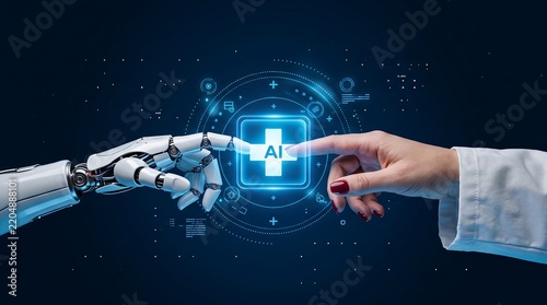Artificial intelligence concept with a robotic hand and human hand reaching towards each other with glowing interface