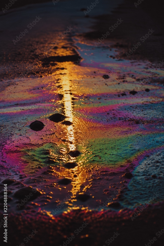 Fototapeta premium Iridescent oil slick on a wet surface with golden reflection, fuel pollution and environmental contamination concept