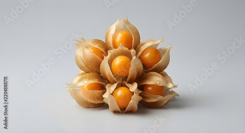 Fresh Physalis or Cape Gooseberry Fruits Arranged in Flower Shape on Gray Background