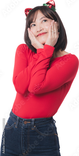 Happy smiling young asian woman wearing red sweater headband enjoying christmas sale holiday shopping discount promotion during black friday event isolated on white studio background