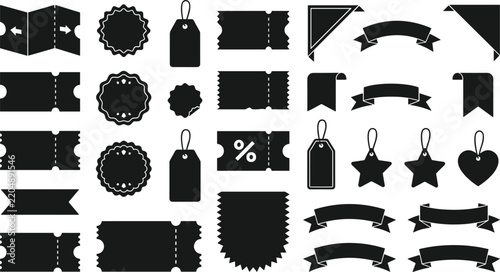 Blank retail marketing graphics set featuring hanging price tags decorative ribbons discount tickets banner shapes percentage icon
