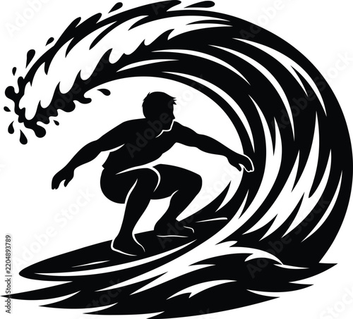 Surfer riding a powerful ocean wave in a dynamic black and white illustration