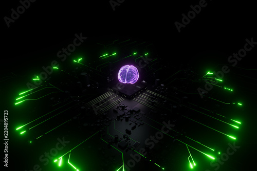 Glowing purple brain symbol on a microchip with bright green circuit lines illustrating AI, data processing, and smart technology. 3d render