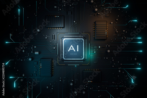 Artificial intelligence - AI - neural engine processor with glowing connections on a dark circuit board, representing advanced technology. 3d render