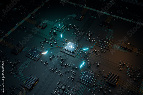 Artificial intelligence - AI - chips processing data on a dark circuit board, symbolizing computing power and advanced technology. 3d render