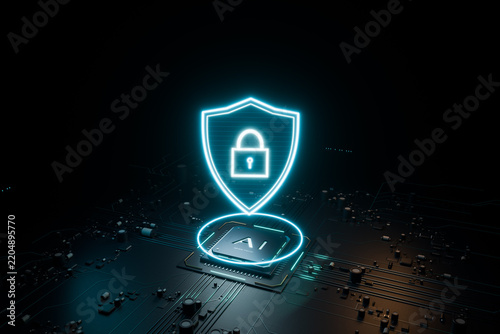 AI chip on a circuit board processing secure data, represented by a glowing shield and padlock icon, showing cybersecurity. 3d render