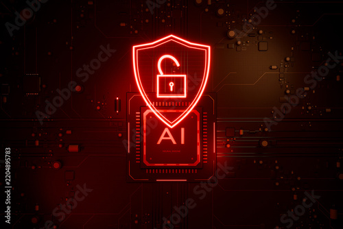 AI processing unit with a glowing shield and unlocked padlock, symbolizing a critical cyber security vulnerability or data breach. 3d render