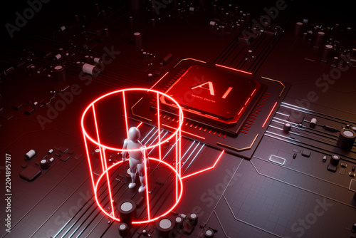 Robot representing artificial intelligence standing on a dark circuit board with glowing red AI neural engine chip. 3d render