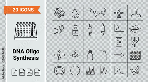 DNA oligo synthesis icons illustrate the essential laboratory equipment and chemical processes used in modern biotechnology research.