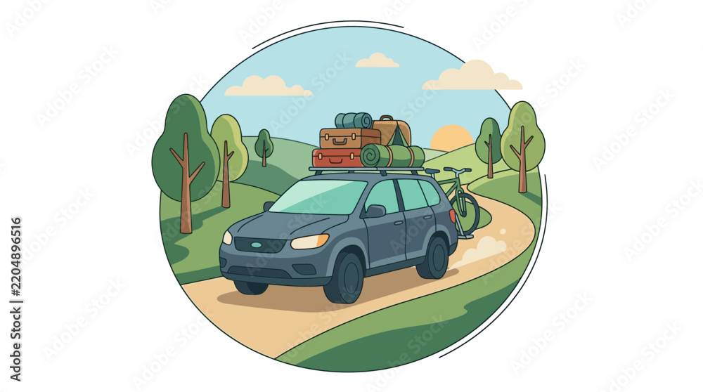 Obraz premium Road Trip Adventure: SUV with Luggage and Bike on Roof Rack, Traveling Through Scenic Landscape