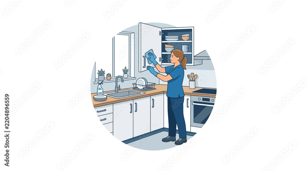 Obraz premium Woman cleaning kitchen cabinet, home hygiene, domestic chores, tidying up, housekeeping, disinfection, isolated on transparent background