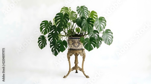 A lush monstera deliciosa plant in an ornate, vintagestyle ceramic pot resting on an elegant, antique brass pedestal, isolated on white background