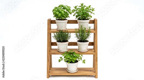 Wooden herb rack with five potted aromatic herbs including basil, mint, thyme, rosemary, and parsley isolated on white background