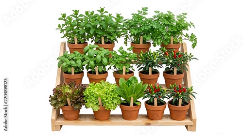 Small terracotta pots with various fresh herbs, lettuce, and chili pepper plants arranged on a wooden tiered shelf isolated on white background