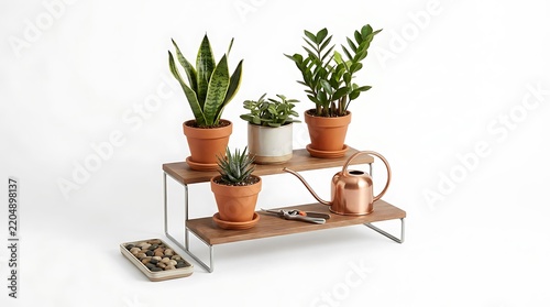 A twotier wooden plant stand holding various potted indoor plants and a copper watering can, isolated on white background