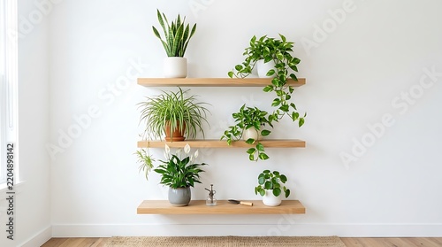 Modern wooden floating shelves on a white wall decorated with various indoor potted plants and a small mister