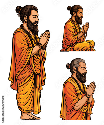Indian Sadhu in saffron robes praying set.