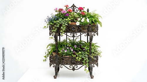 A vintage ornate twotiered black wrought iron plant stand filled with various colorful flowering plants and lush green foliage isolated on white background