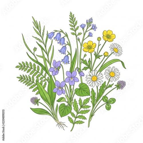 spring flowers, vector drawing wild plants at white background, floral composition, hand drawn botanical illustration