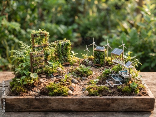 Miniature garden with wind turbines and greenery