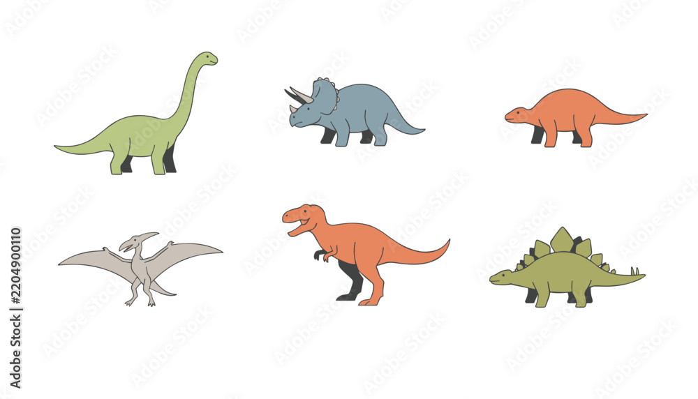 Obraz premium Selection of cute cartoon dinosaurs including a brachiosaurus, triceratops, t-rex, stegosaurus, and pterodactyl.