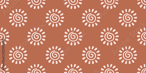 Vector seamless pattern of cute sun icons on a brown   background. Minimalist geometric various design sun elements.