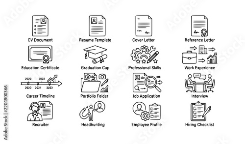 Career Resume and Employment Linear Icon Collection with CV Recruitment Skills Education and Hiring Symbols