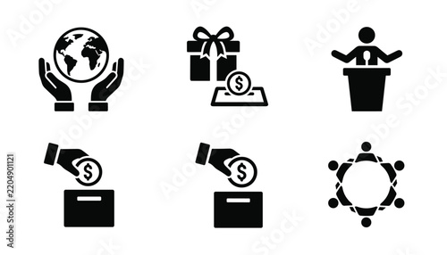Collection of charity and donation black glyph icons illustrating giving money, global care, community help, and public speaking.