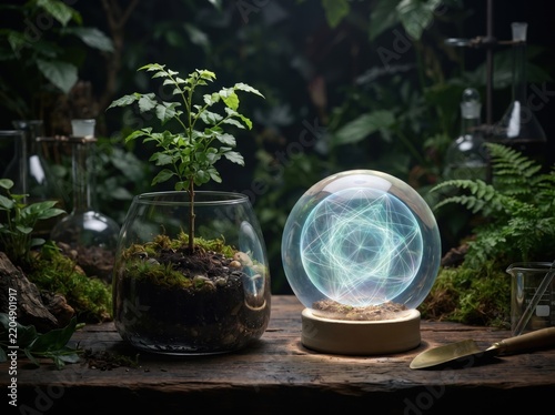 Snow globe with plant and clear glass jar