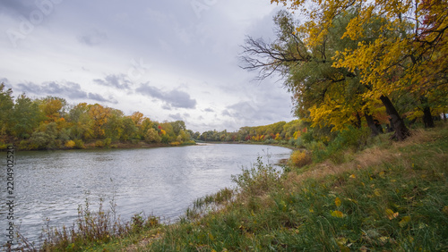 Obraz na plátně a wide river flowing calmly between banks covered with colorful yellow and green trees under cloudy skies