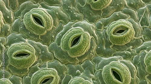 Microscopic view of green leaf stomata breathing pores