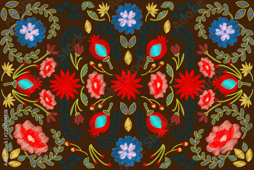 Colorful Floral Embroidery Pattern Background with Traditional Folk Flowers Vector