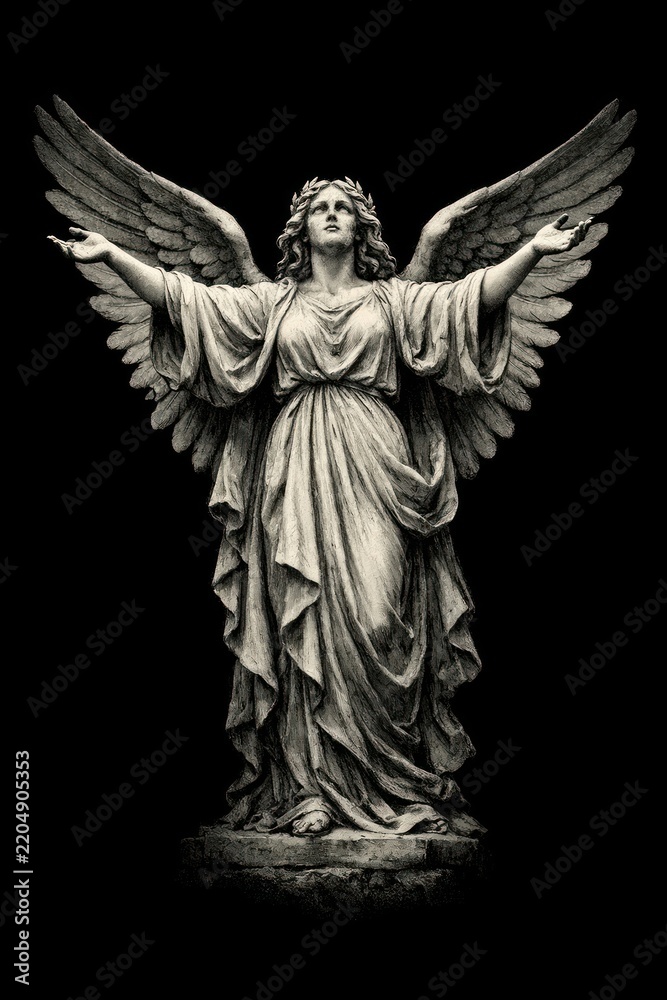 Fototapeta premium Statue of an angel with outstretched wings against a dark background.