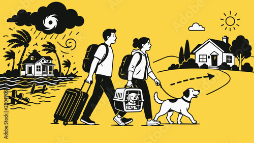 Illustration of a family migrating with luggage and a dog from a storm-damaged home toward safety, symbolizing climate migration and displacement.