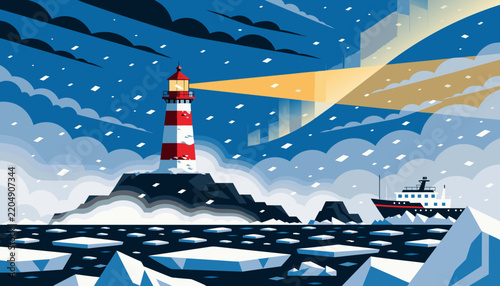 Lighthouse in Frozen Arctic Sea with Ice and Aurora, Flat Vector Isolation Resilience Illustration
