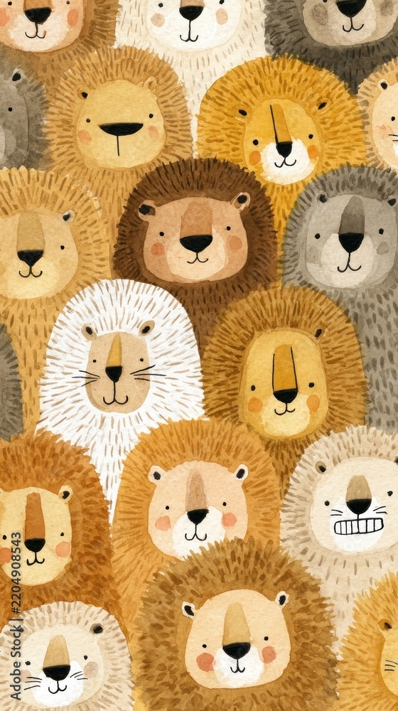 Obraz premium Cute lion faces in watercolor style, perfect for mobile wallpaper.