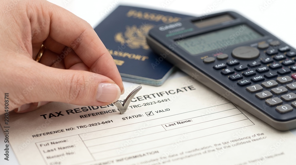 Obraz premium Close-up commercial image representing compliance review of international tax residency documentation.
