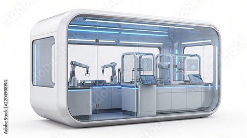 3D Render of a Futuristic Modular Robotic Laboratory and Automated Cleanroom Pod.