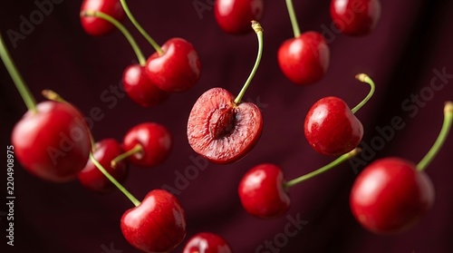 Fresh red cherries falling and floating in the air with a dark background