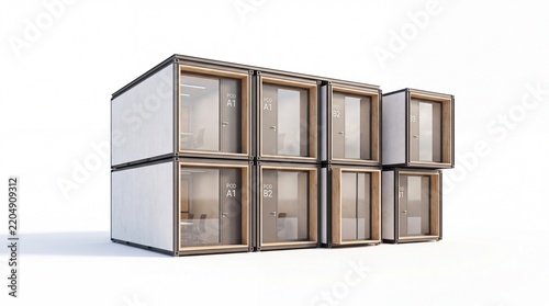 Modern Modular Container Office Pods Stacked on White Background 3D Render.