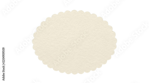 A blank cream colored oval scalloped edge paper label tag for product branding or gift messaging presented as an isolated object on transparent background isolated on transparent background