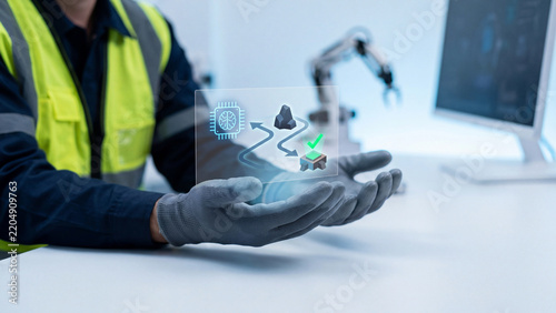 AI robot path planning and obstacle avoidance concept, factory worker in safety vest and gloves presenting ai chip route around obstacle with robotic arm for smart manufacturing automation