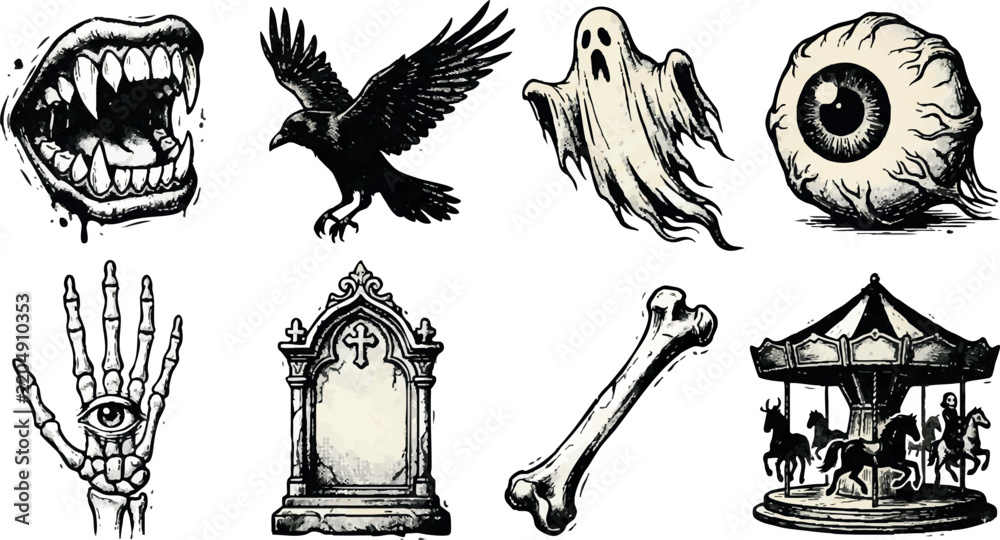 Obraz premium A collection of eight separate vintage gothic Halloween objects arranged together with clear spacing: a monstrous mouth with sharp fangs, a black crow with spread wings, a floating ghost, a giant eyeb