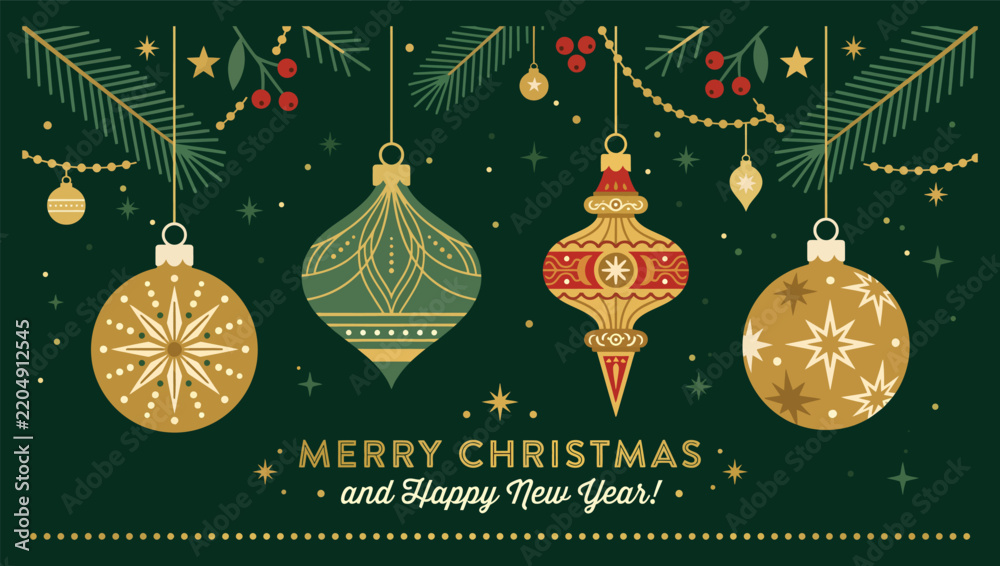 Obraz premium Christmas ornaments hanging on a dark green background
