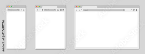 Flat vector illustration of three empty web browser frames representing mobile tablet and desktop views.