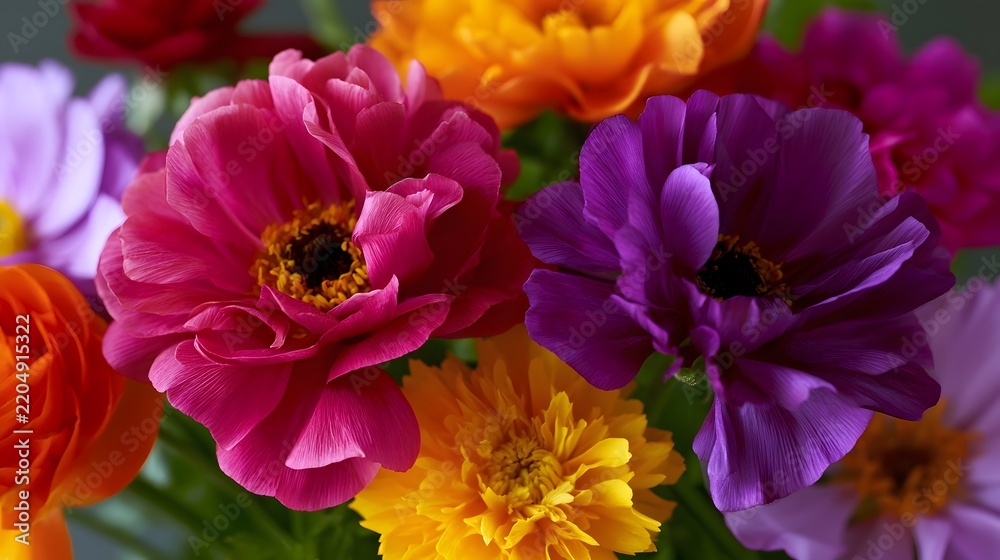 Fototapeta premium Vibrant bouquet of colorful flowers with rich petals and detailed centers in a soft natural arrangement