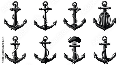Collection of vintage ship anchors and nautical elements in a black vector illustration